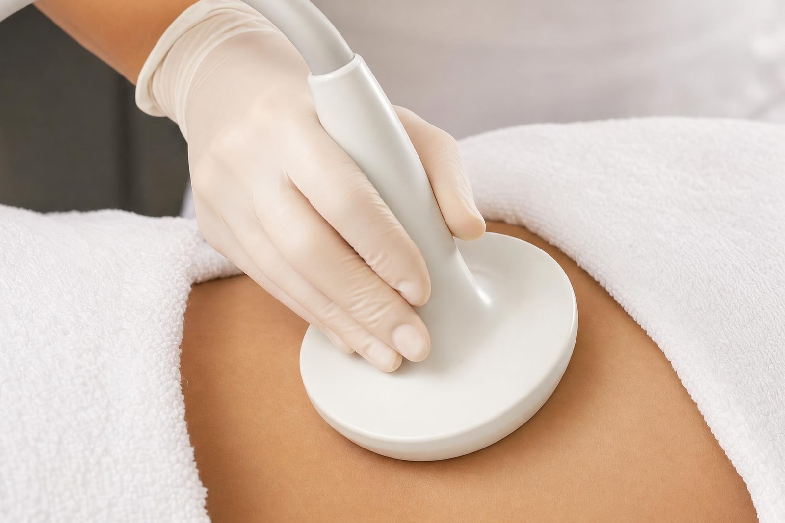 Ultrasound body-contouring applicator on a draped abdomen