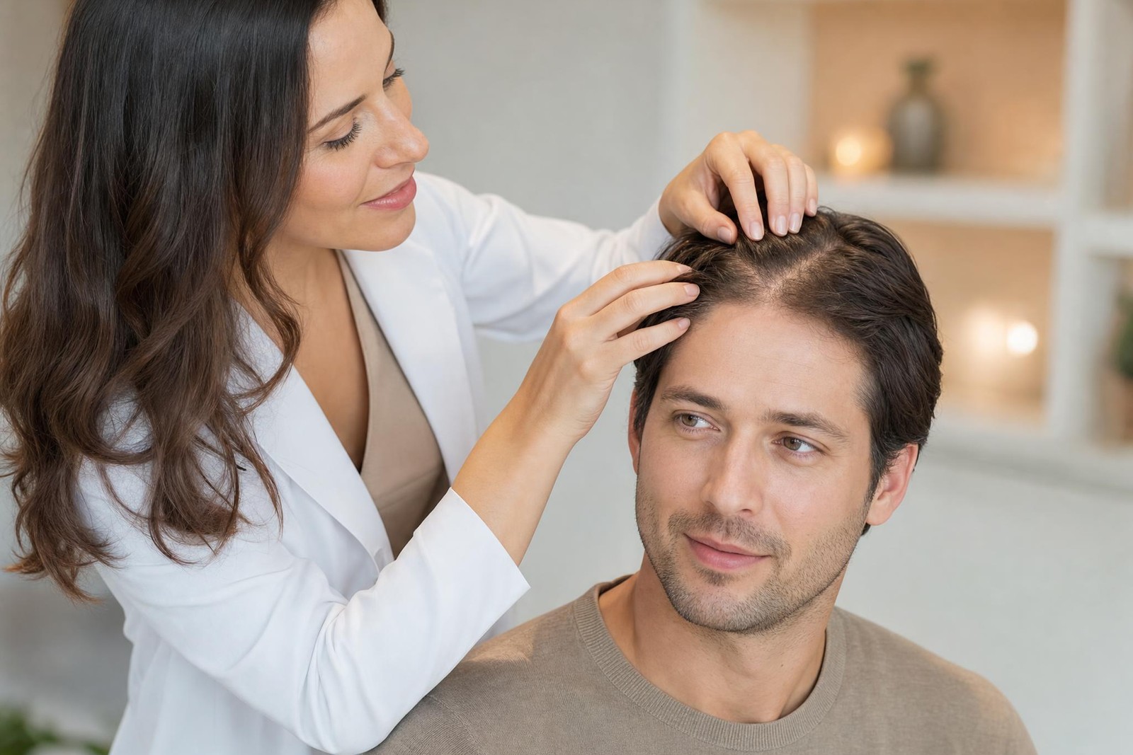 Provider examines a client's scalp during a hair restoration consultation