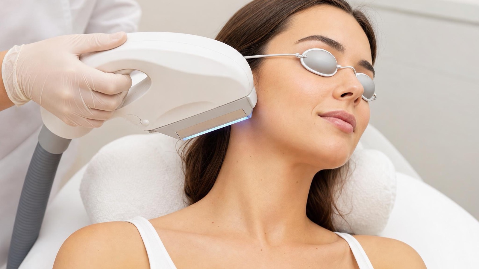 IPL photofacial handpiece glows just off a client's cheek during a treatment pass