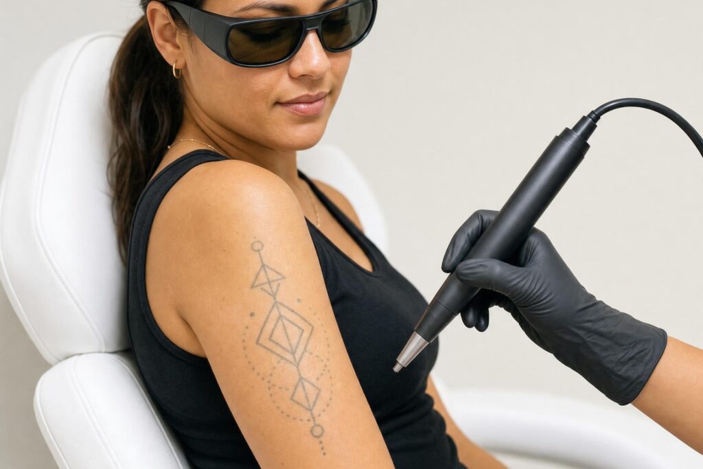 Laser tattoo-removal handpiece over a faded arm tattoo