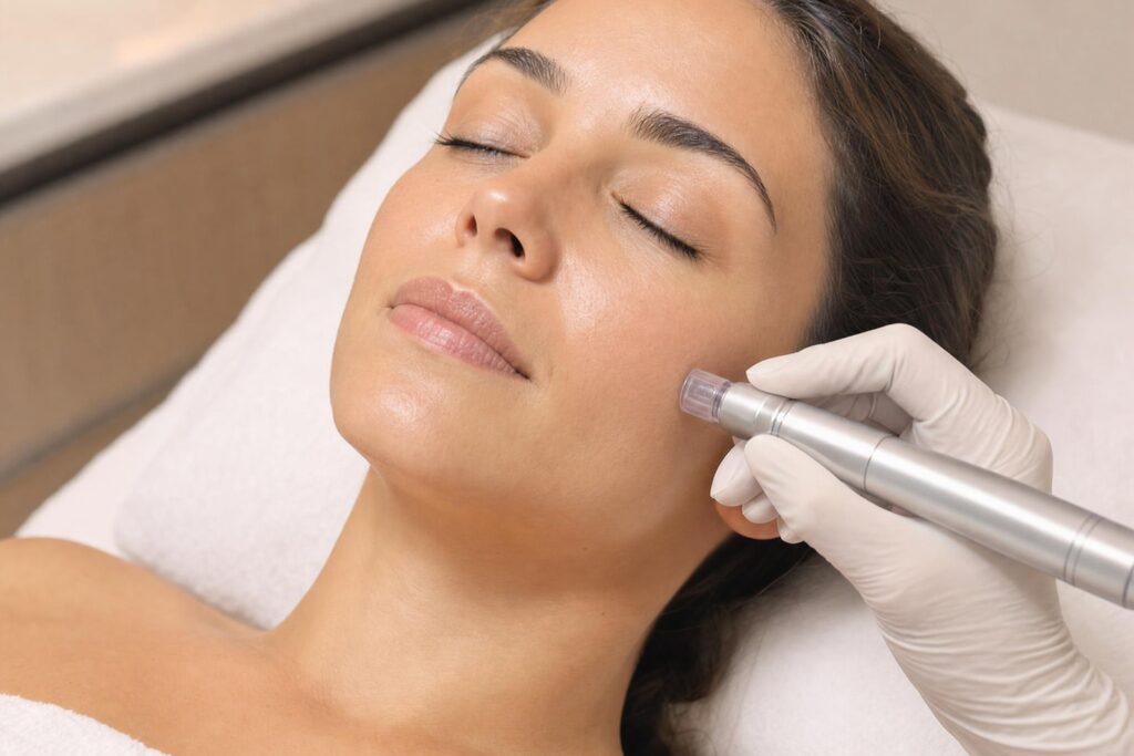 Microneedling pen treatment gliding across a relaxed client's cheek