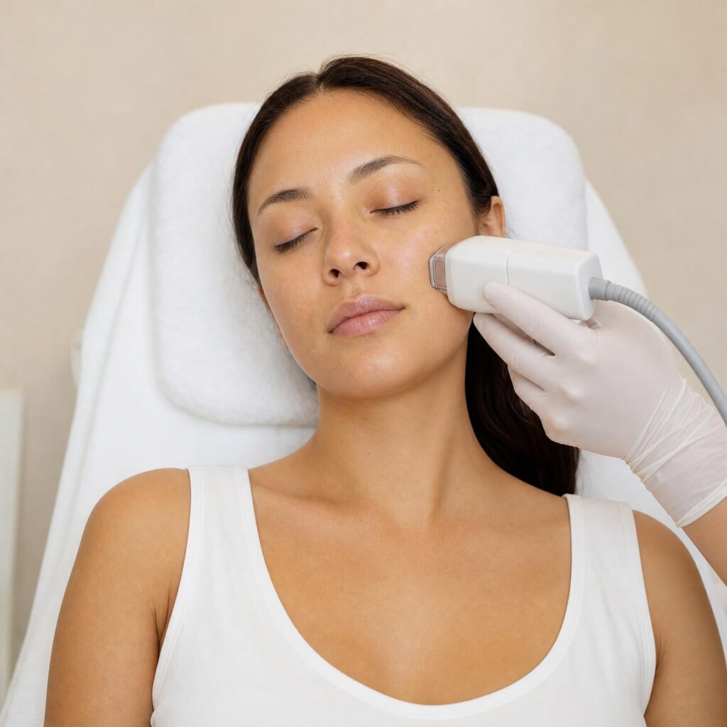 Client receiving an RF microneedling treatment along the cheek