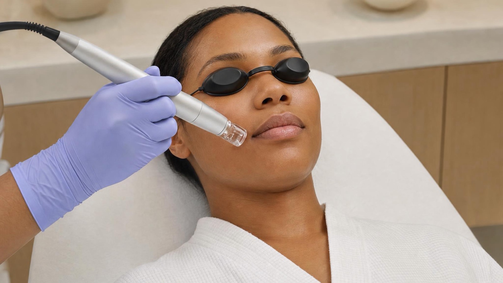 Client in eye shields relaxing during a ClearLift laser skin rejuvenation facial