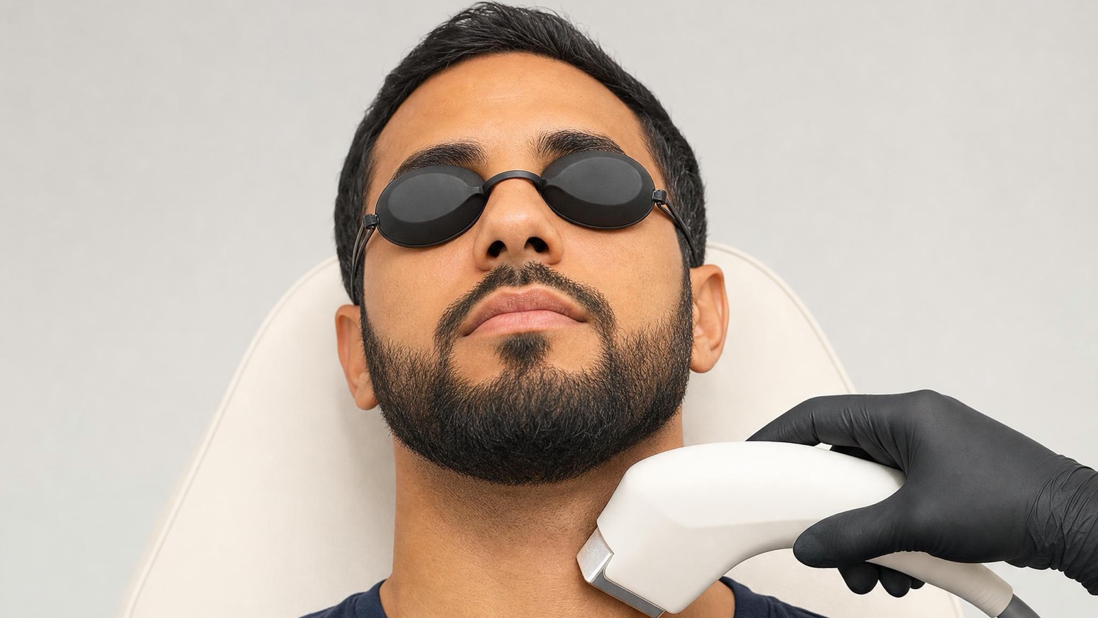Man in protective goggles receiving laser hair removal below his beard line