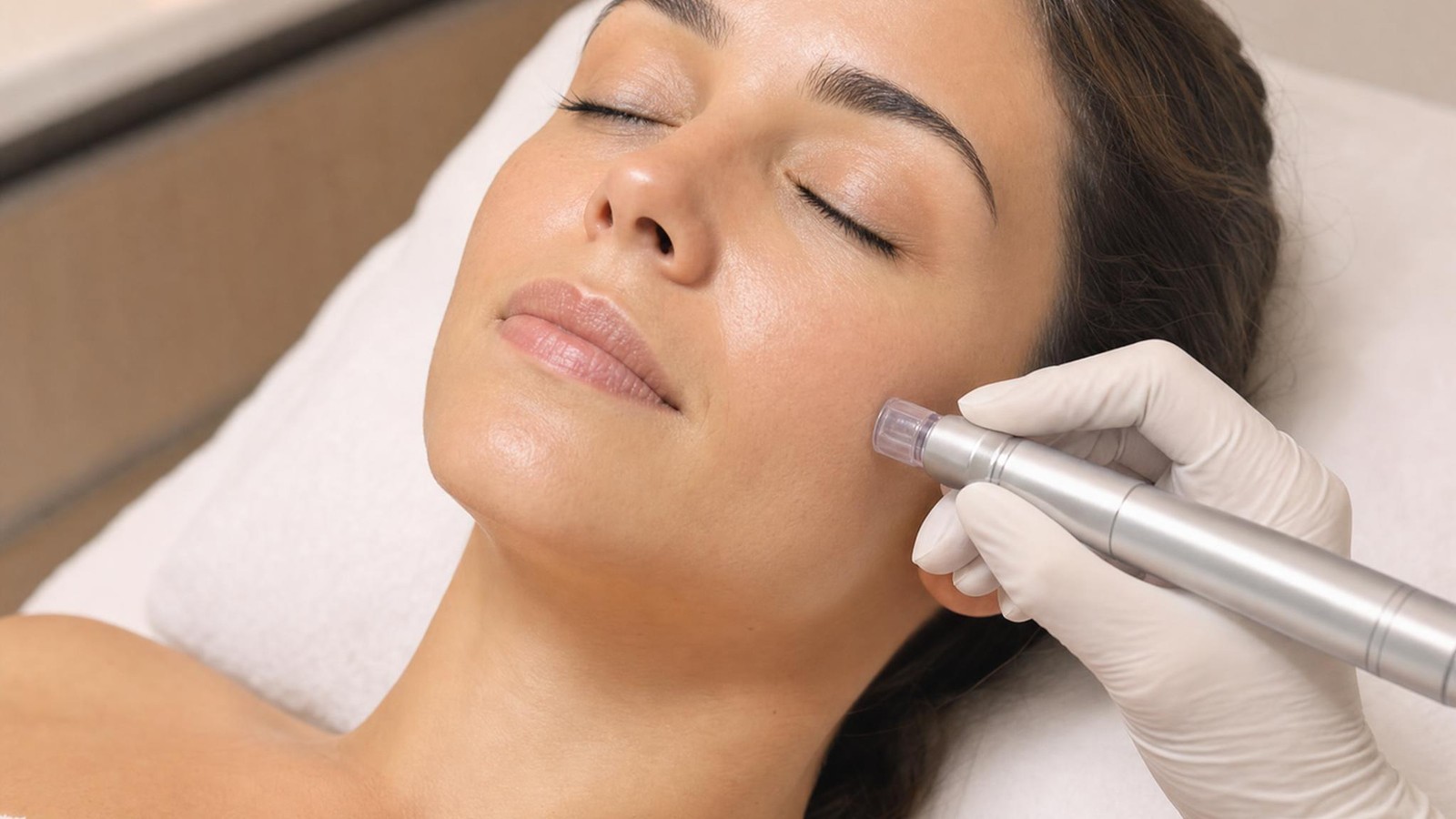 Microneedling pen treatment gliding across a relaxed client's cheek